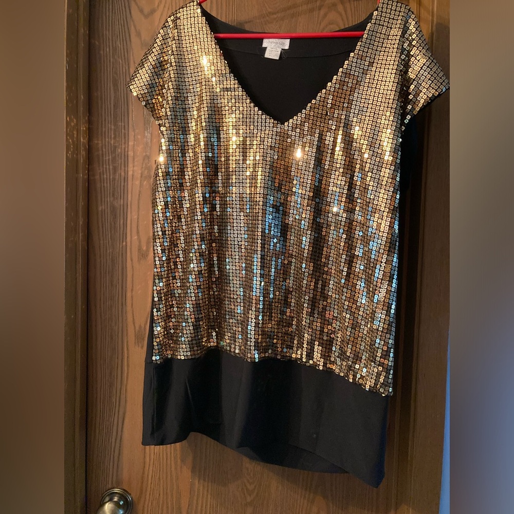 Siren Lily Sequin Front Back Black Short Sleeve Top 2X